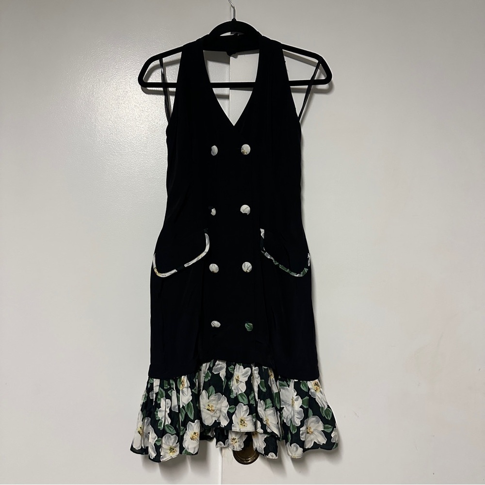 Handmade Halter Contrast Pleated Hem Floral Mini Dress Size Medium